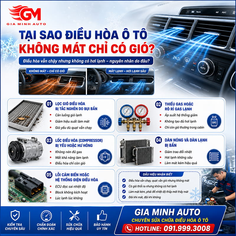 Tại sao điều hòa ô tô không mát chỉ có gió?