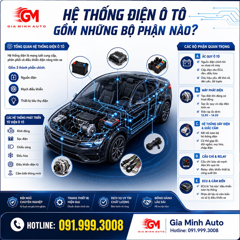Hệ thống điện ô tô gồm những bộ phận nào?